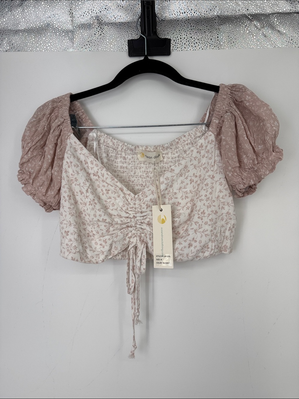 Ocean Drive Blush Floral Puff Sleeve Crop Top Boho ruched size M
